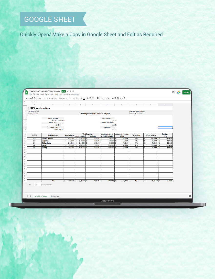 Free Sample Schedule Of Values Template Google Sheets Excel Template Net