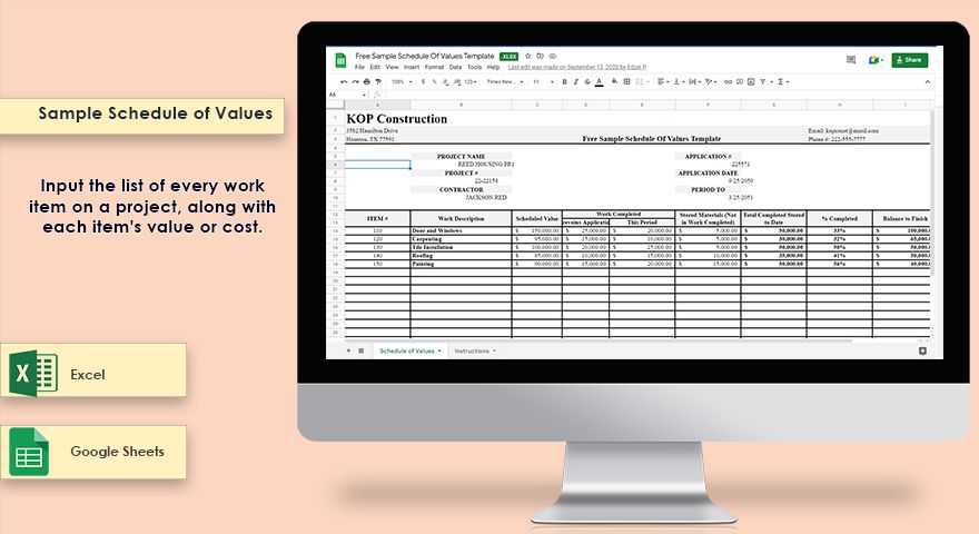 Free Sample Schedule Of Values Template Google Docs Google Sheets