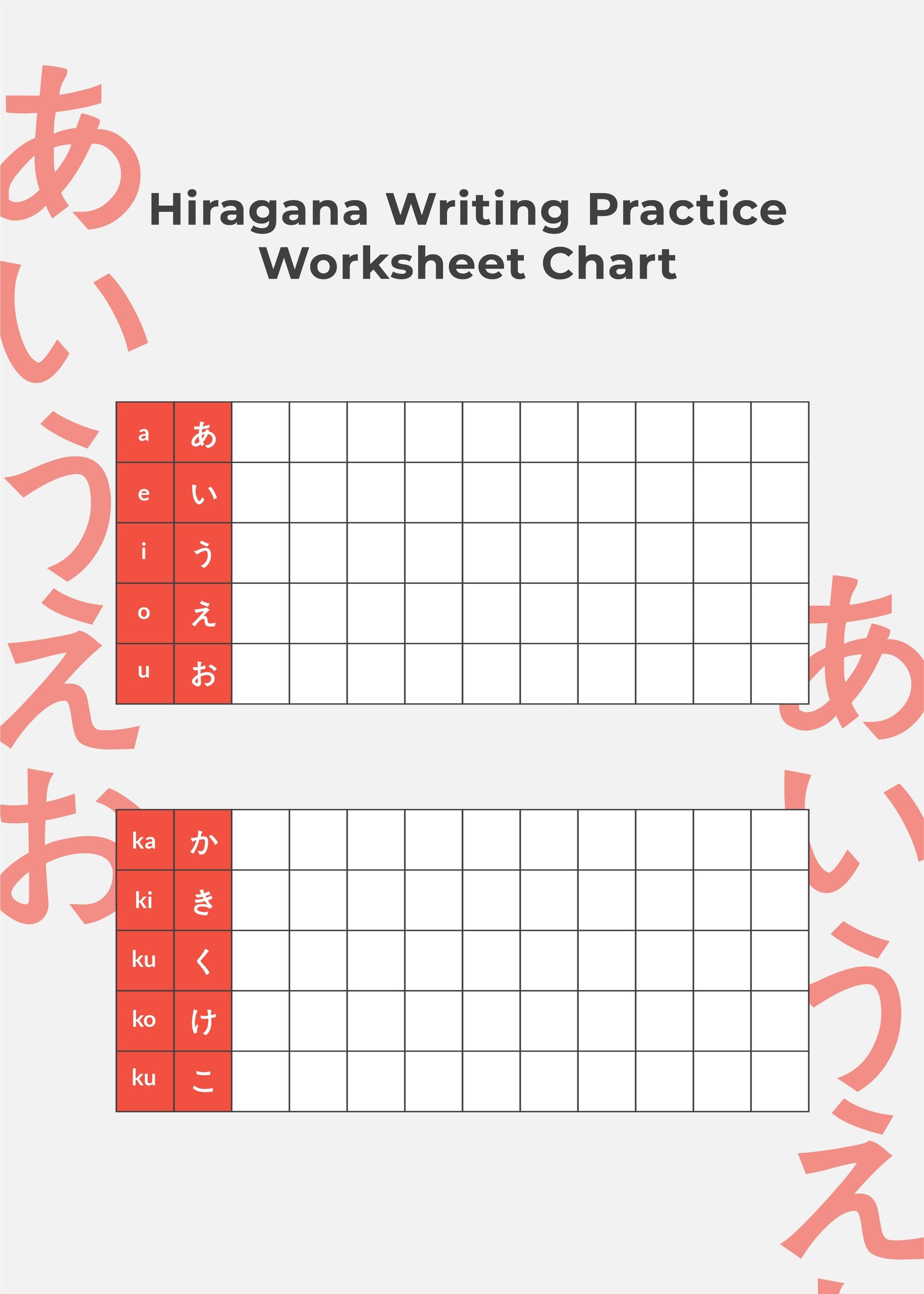 Hiragana Writing Practice Worksheet Chart In Illustrator PDF