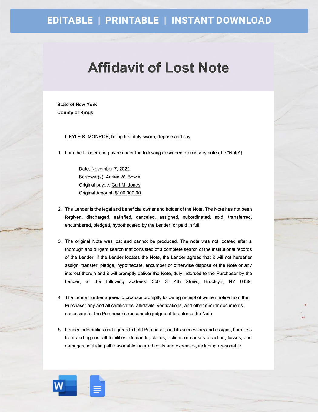 Affidavit Of Lost Note Template Google Docs Word Pdf Template Net