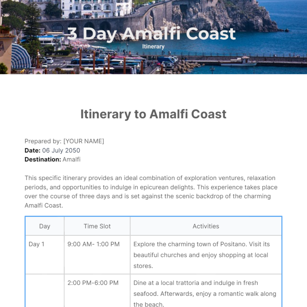 Day Amalfi Coast Itinerary Template Net