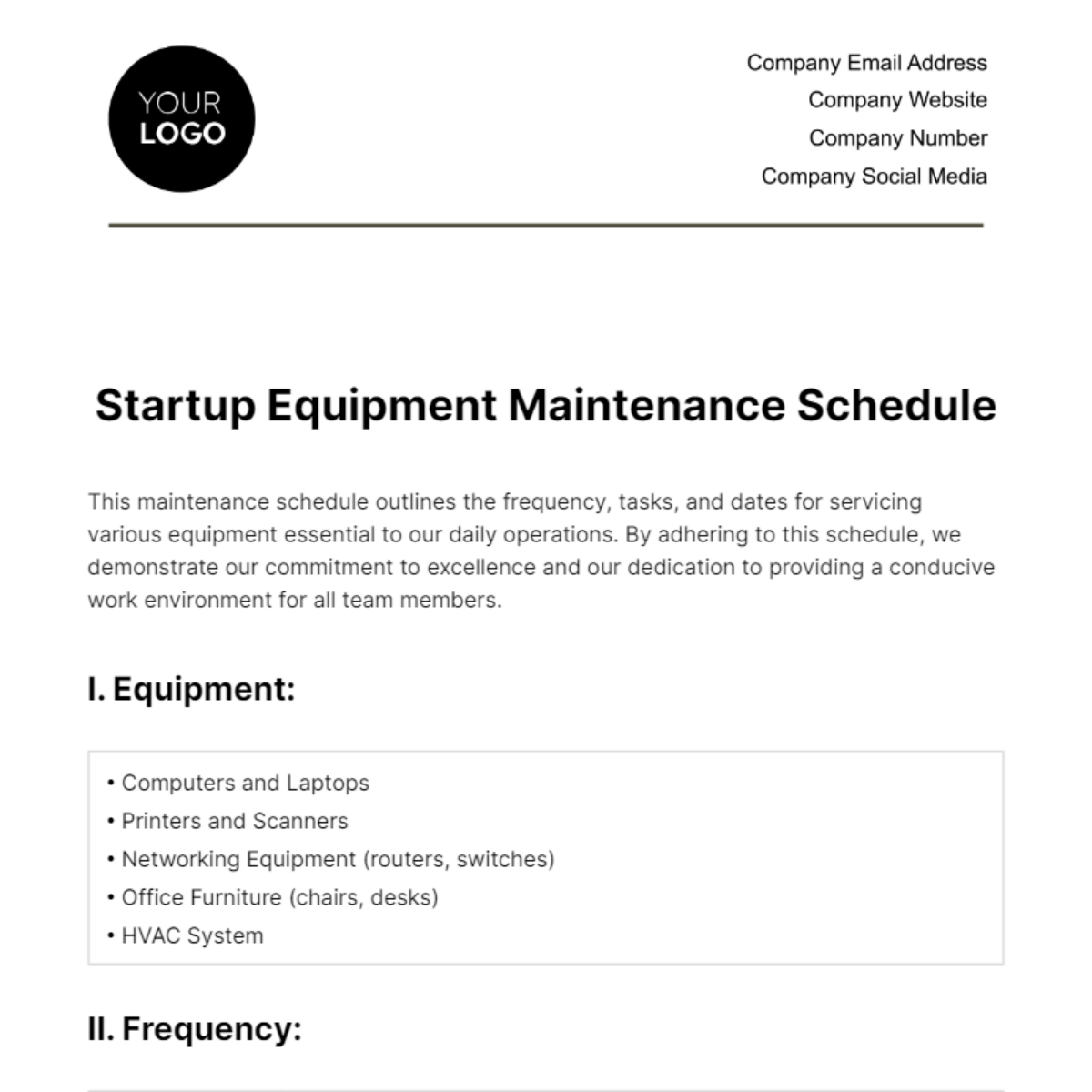 Startup Equipment Maintenance Schedule Template Edit Online