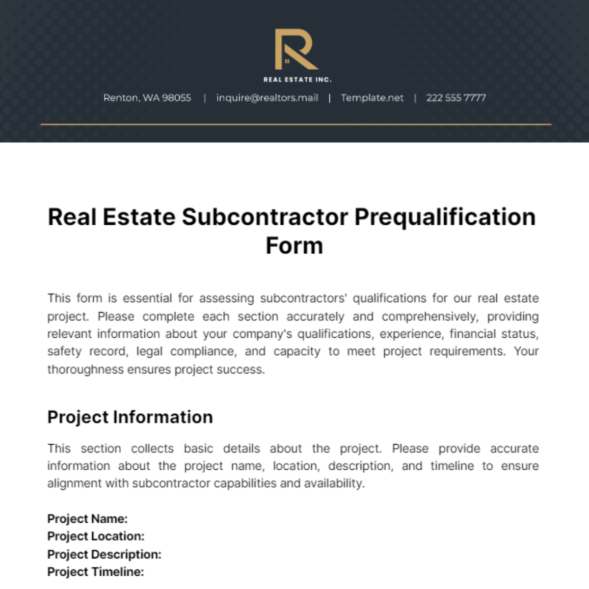 Real Estate Subcontractor Prequalification Form Template Edit Online