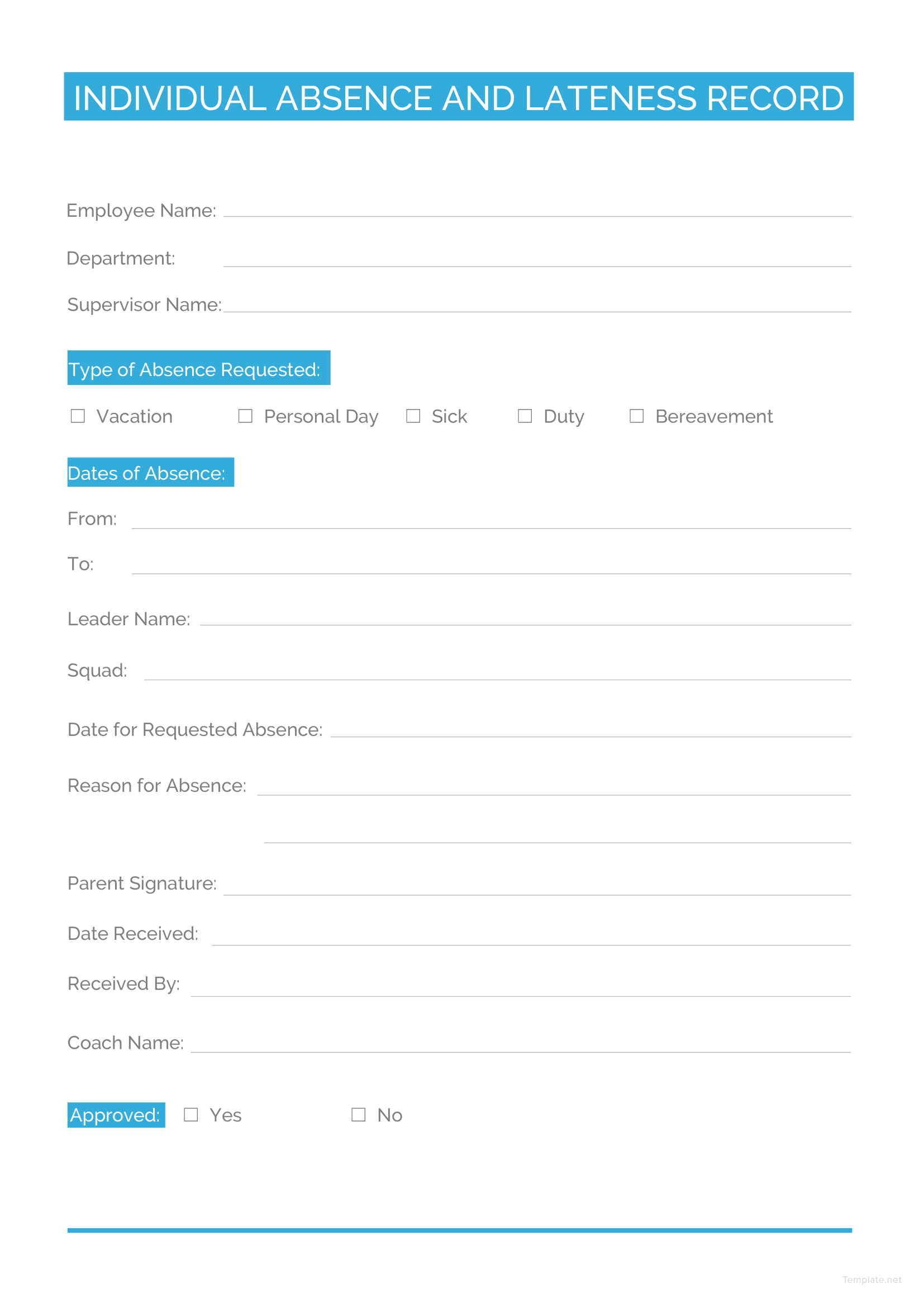 Individual Absence And Lateness Record Template In Microsoft Word