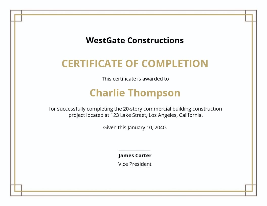 Free Certificate Of Completion Construction Templates Printable Templates