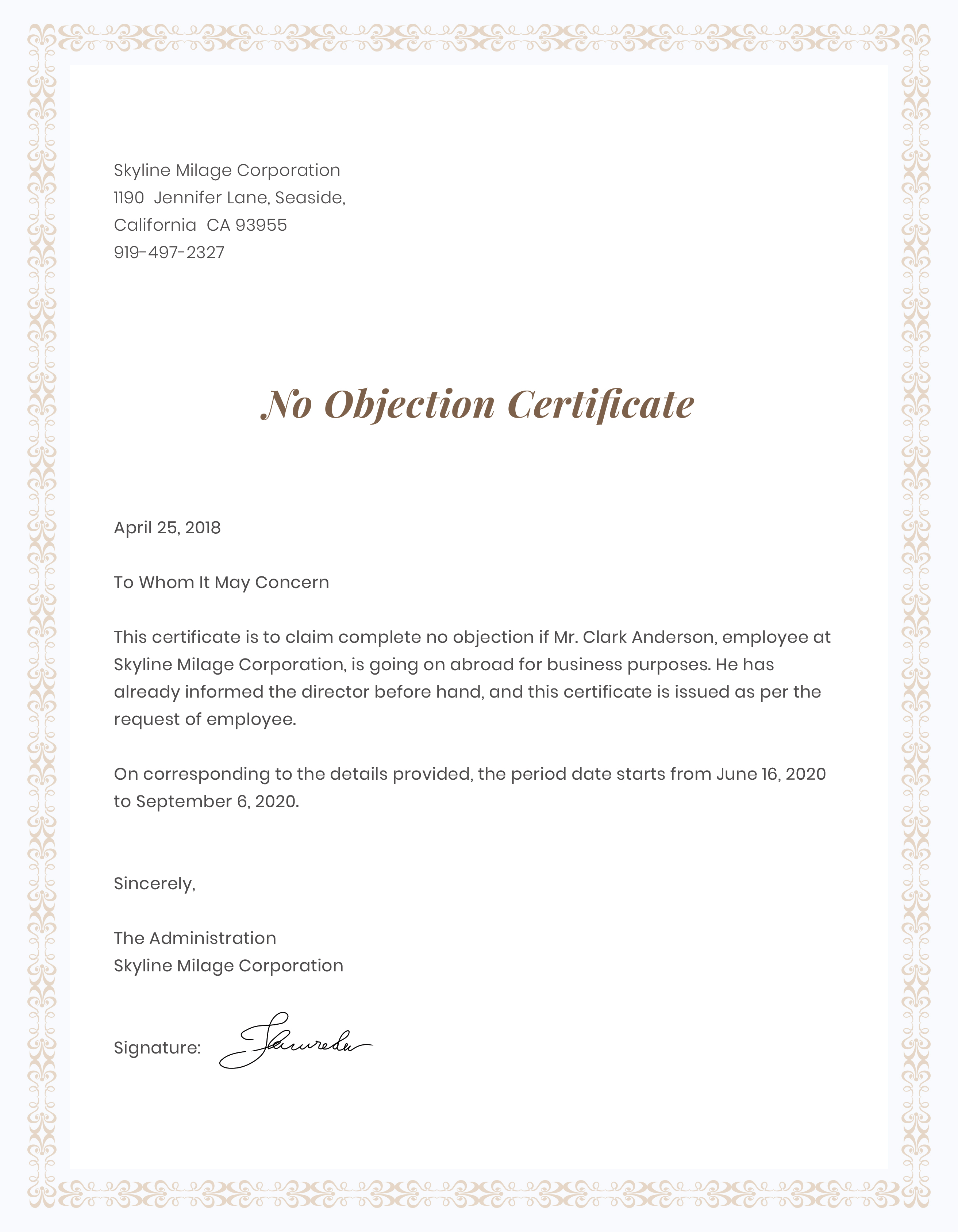 no objection certificate for employee template