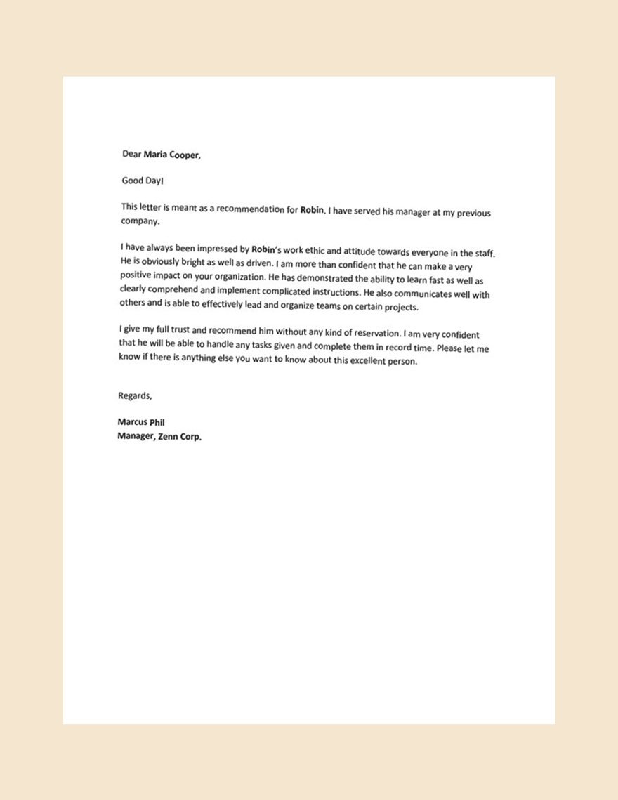 Letter Template Of Recommendation For Employee Google Docs Word Outlook Apple Pages