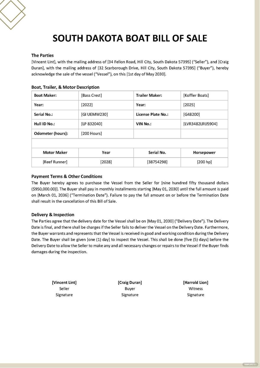 South Dakota Boat Bill Of Sale Template Google Docs Word Pdf