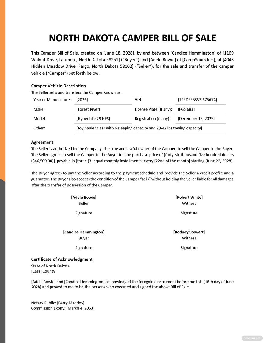 North Dakota Camper Bill Of Sale Template Google Docs Word Pdf