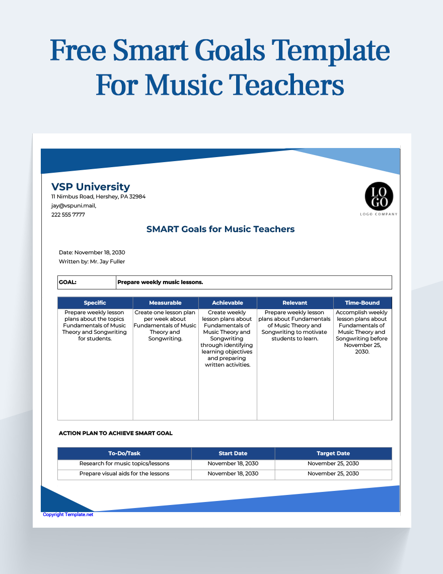 Free Smart Goals Template For Music Teachers Google Docs Google