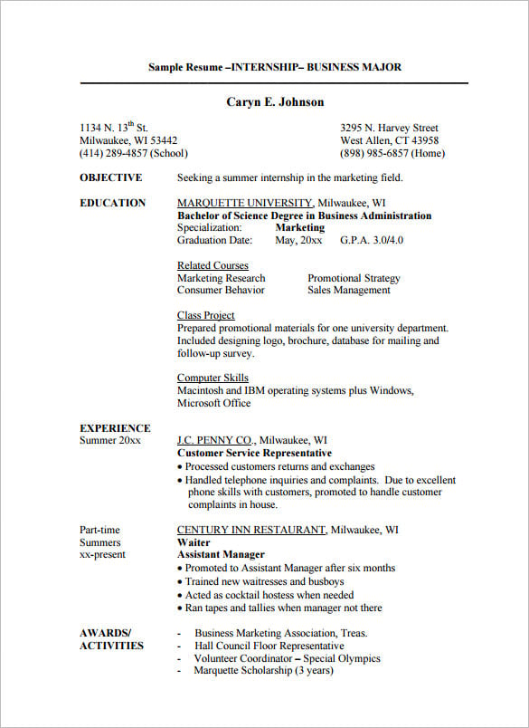 College student summer internship resume