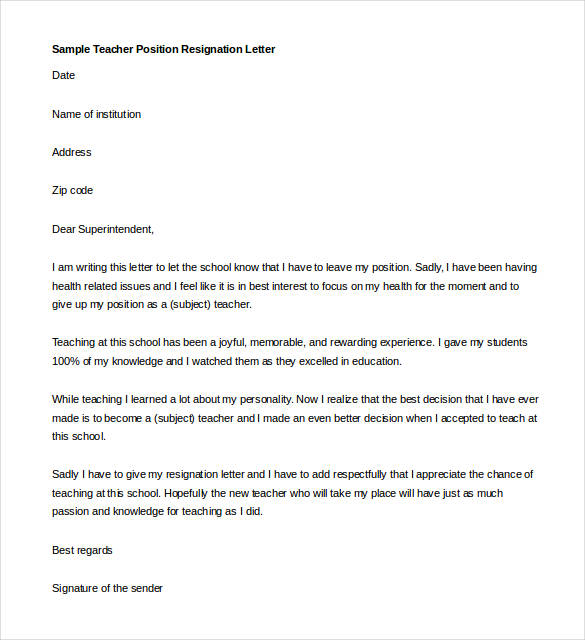 Sample Resignation Letter Teacher