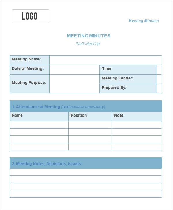 Meeting Minutes Templates 11 Free Printable Excel PDF Word