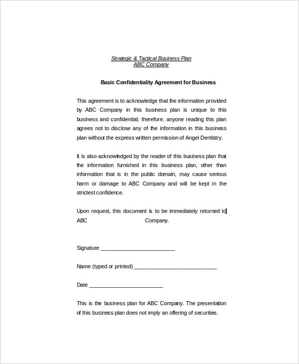 Basic Confidentiality Agreement Templates Free Sample Example