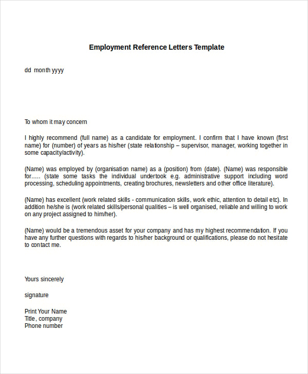 Letter Of Employment Reference