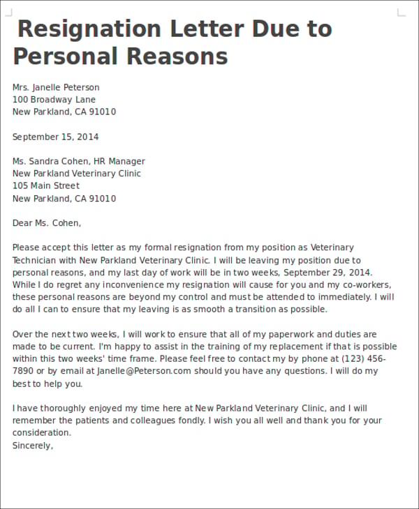 Immediate Resignation Letter For Personal Reasons Resignation Letter Images