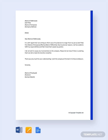 Resignation Letter Due To Personal Reason Database Letter Template 2772