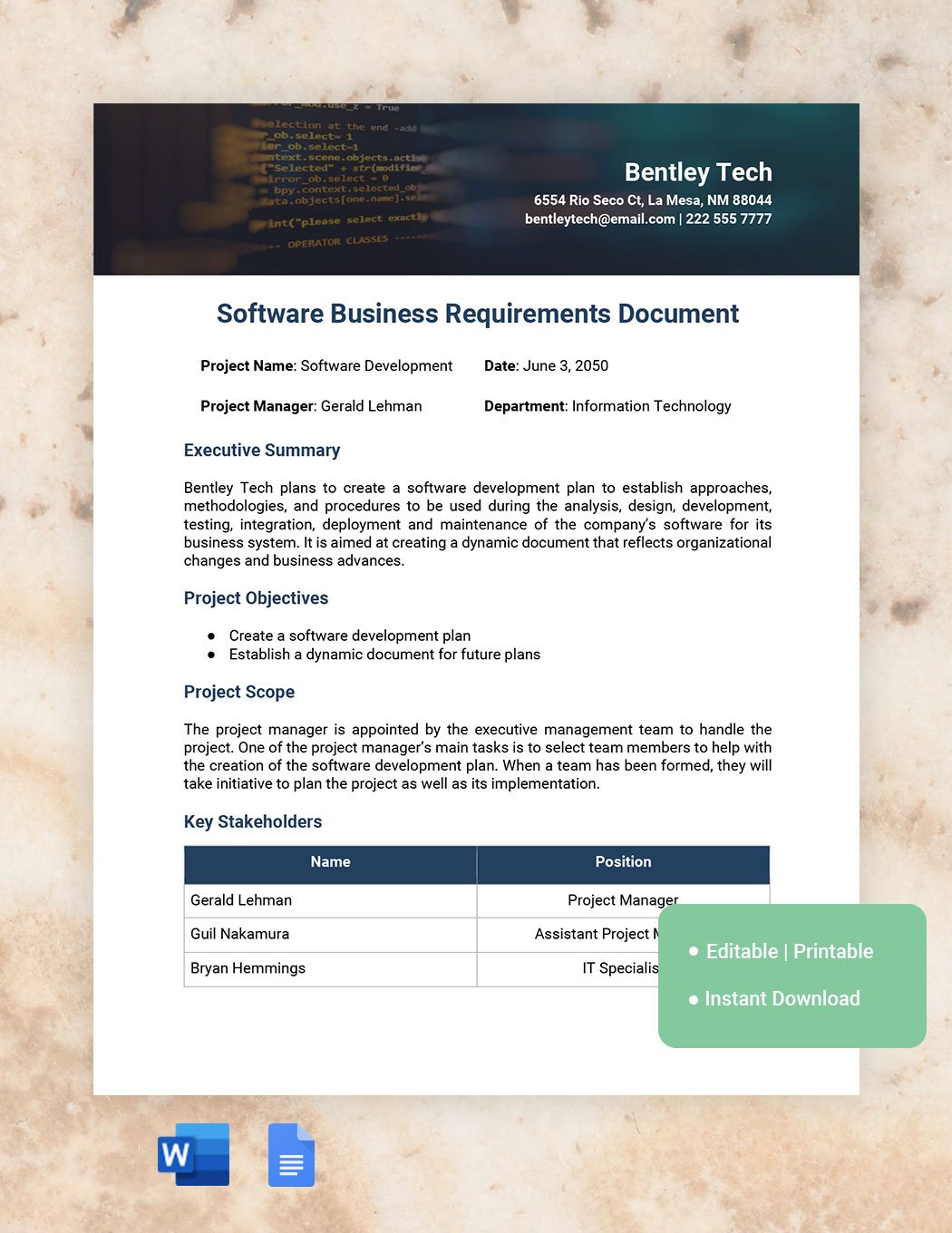 Software Business Requirements Document Template