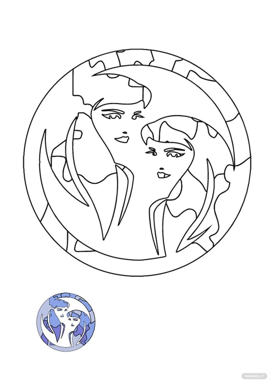 Free Watercolor Gemini Sign coloring page