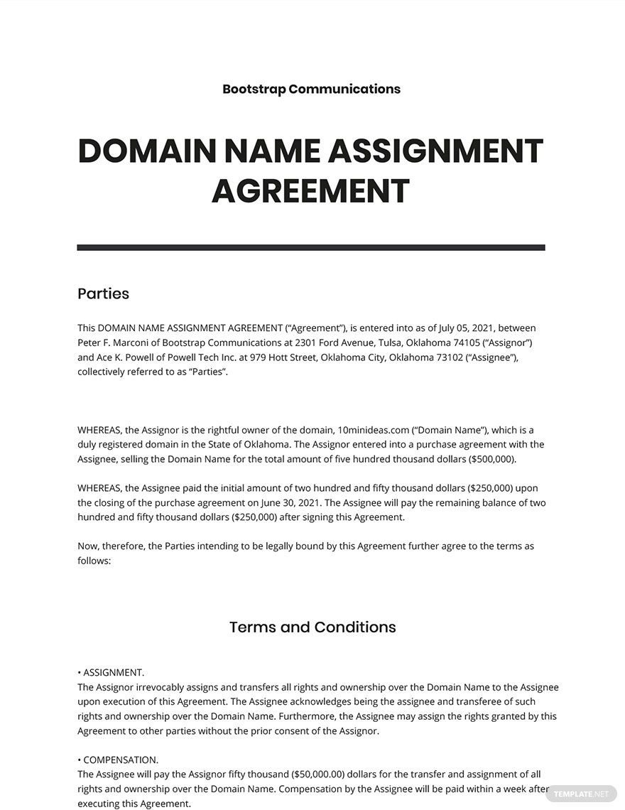 Domain Name Assignment Agreement Template