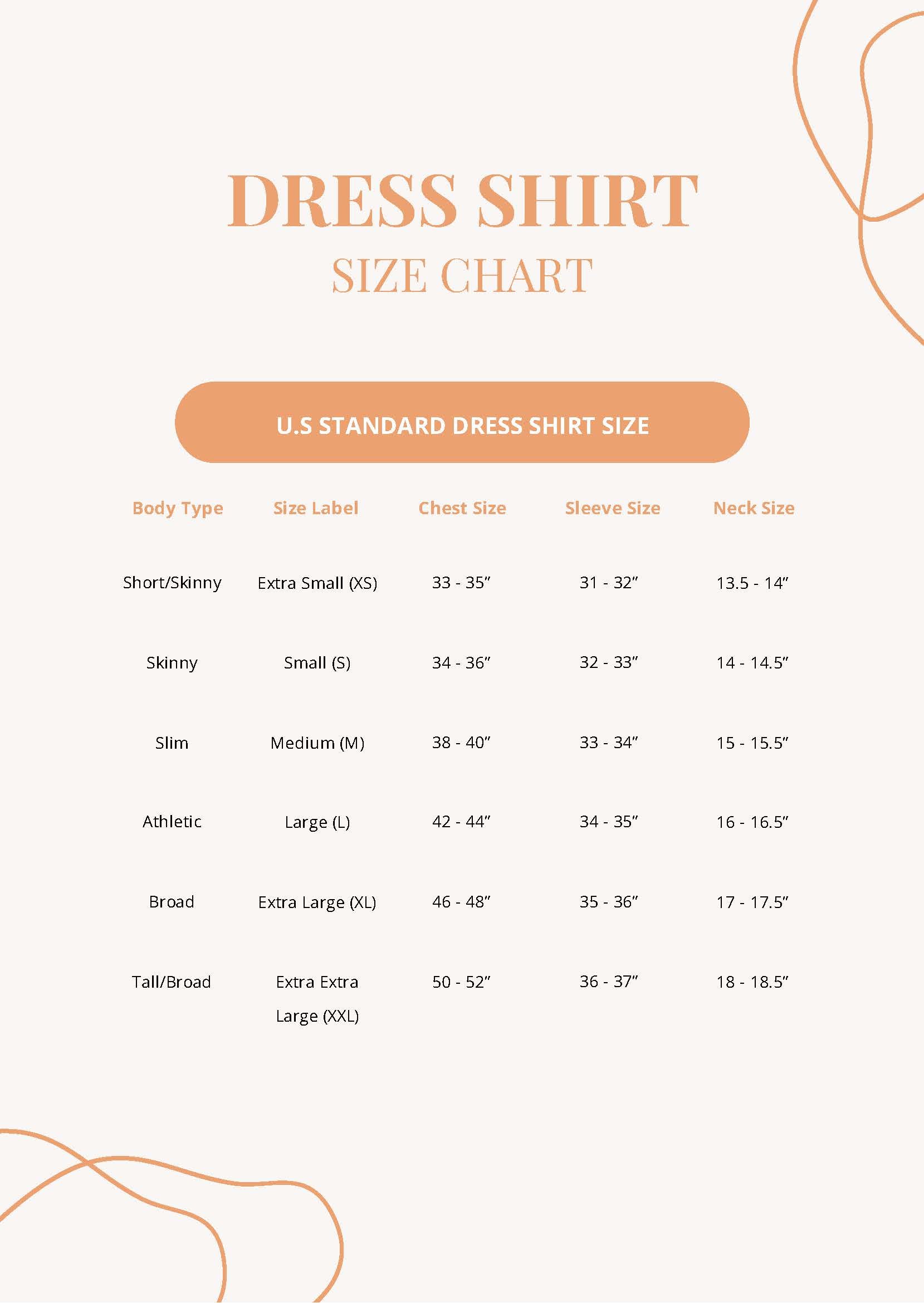 Free Dress Shirt Size Chart