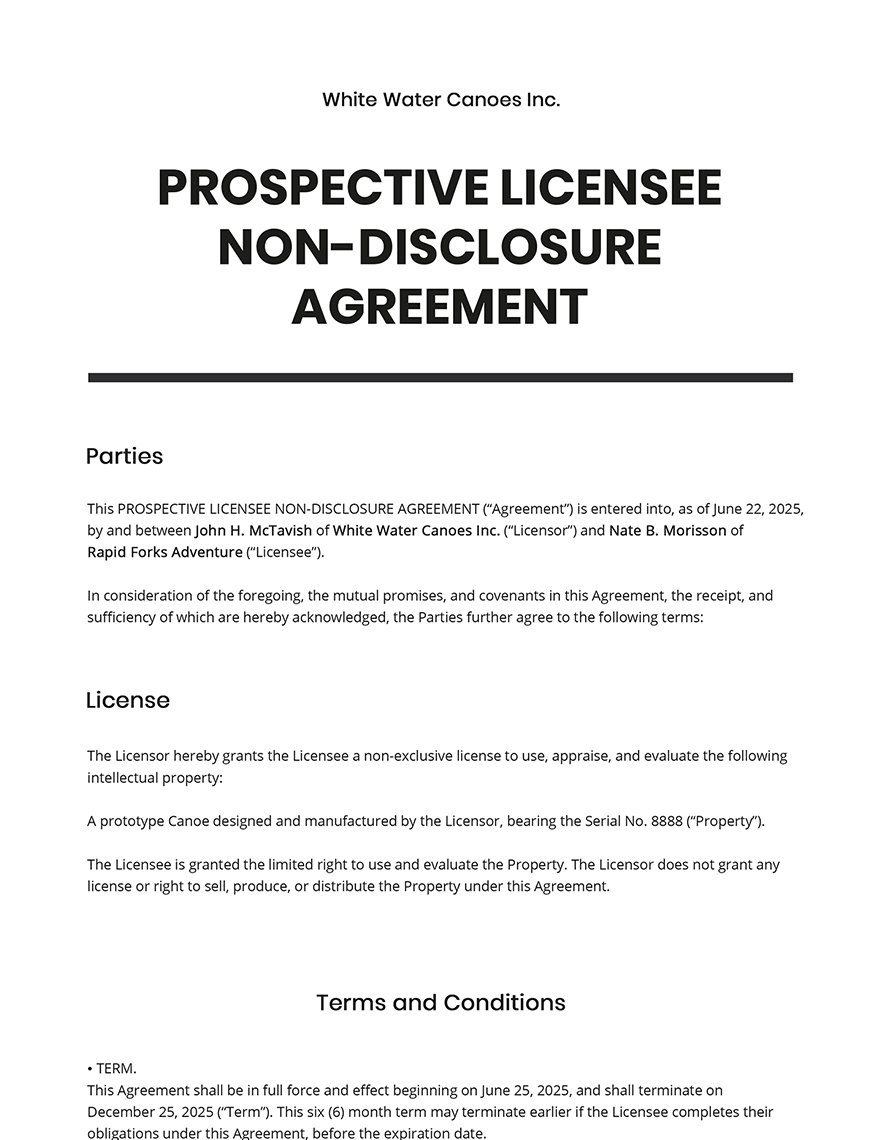 Prospective Licensee Non-Disclosure Agreement Template