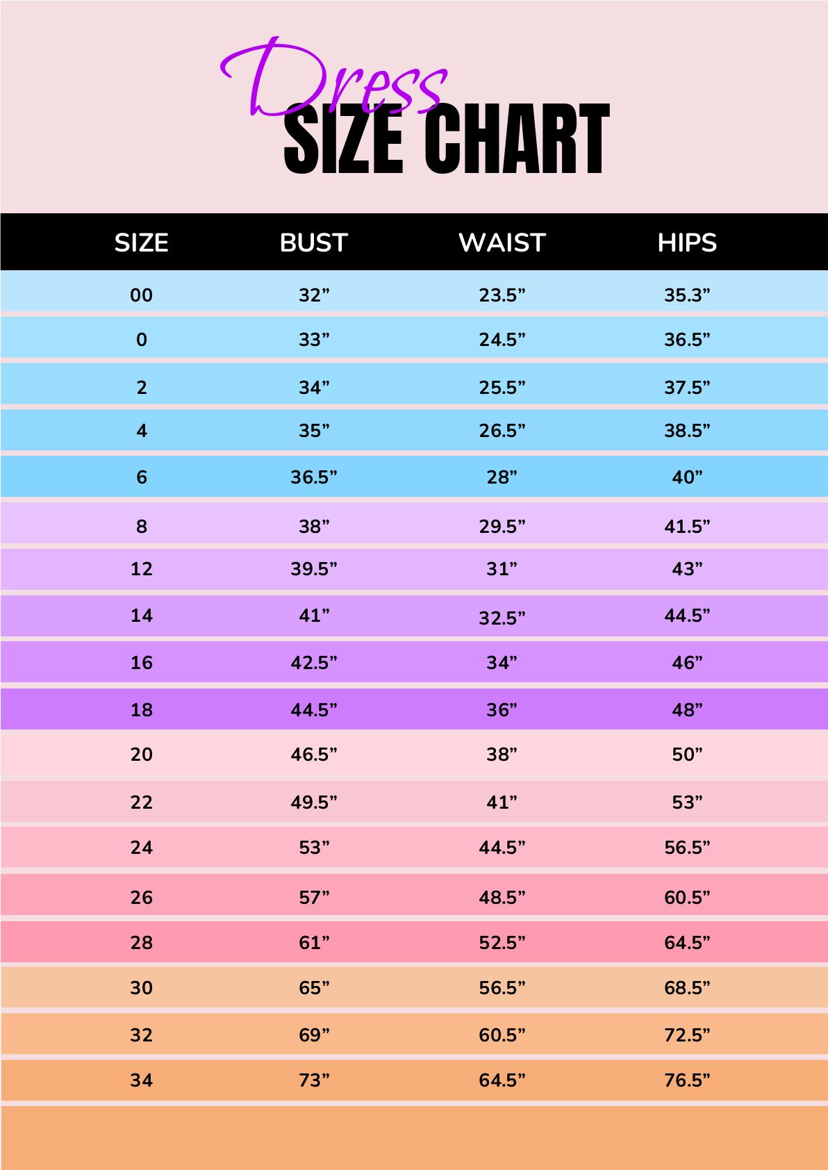 Dress Size Chart in PDF - Download