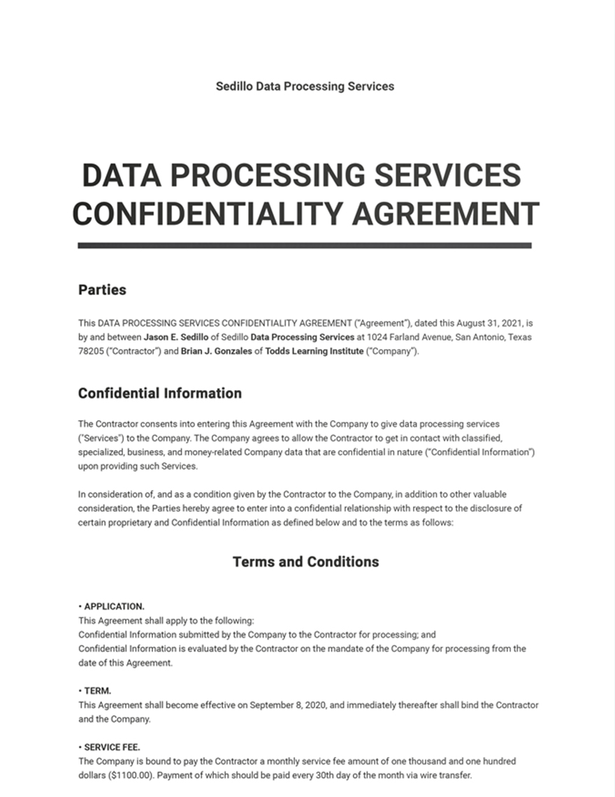 Data Processing Services Confidentiality Agreement Template
