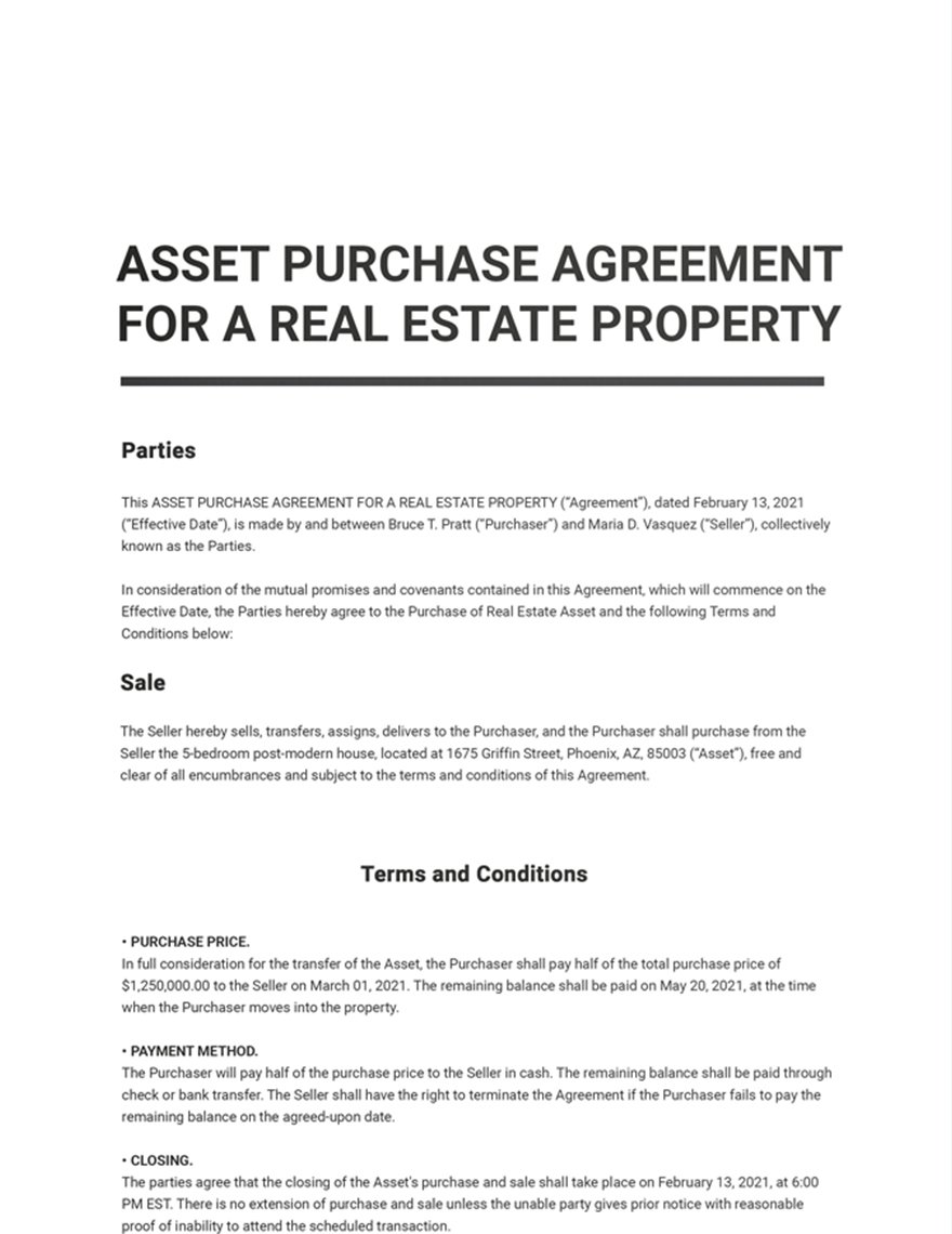 Asset Purchase Agreement For a Real Estate Property Template