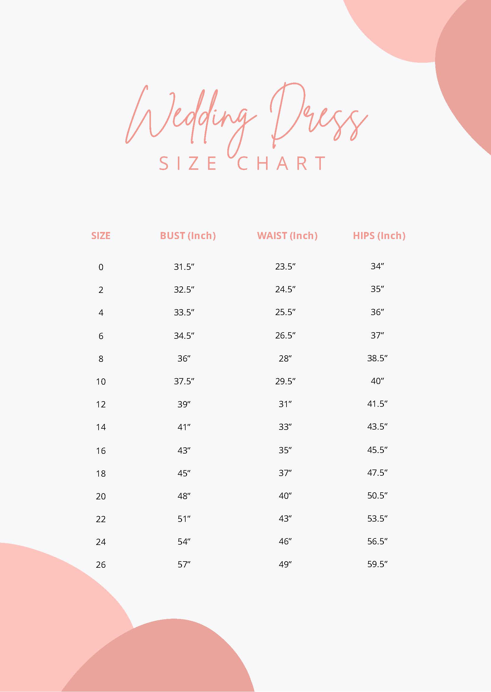 Wedding Dress Size Chart in PDF Download