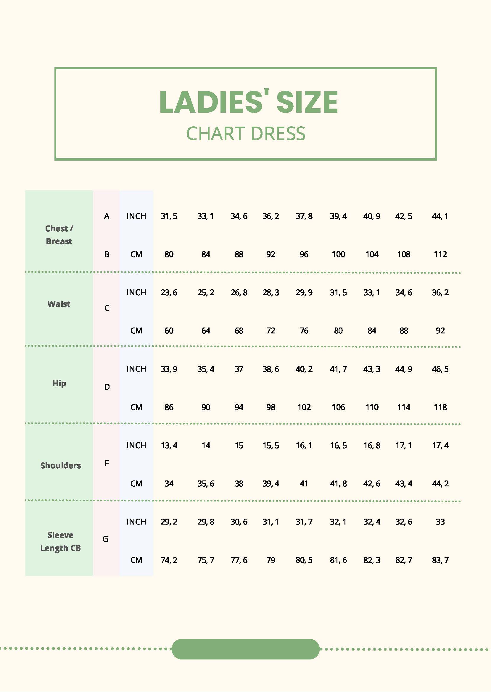 Ladies Size Chart Dress in PDF