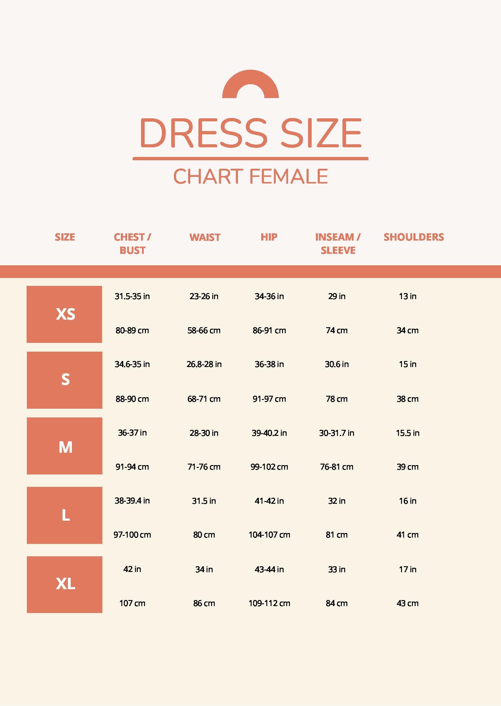 Dress Size Chart Female in PDF