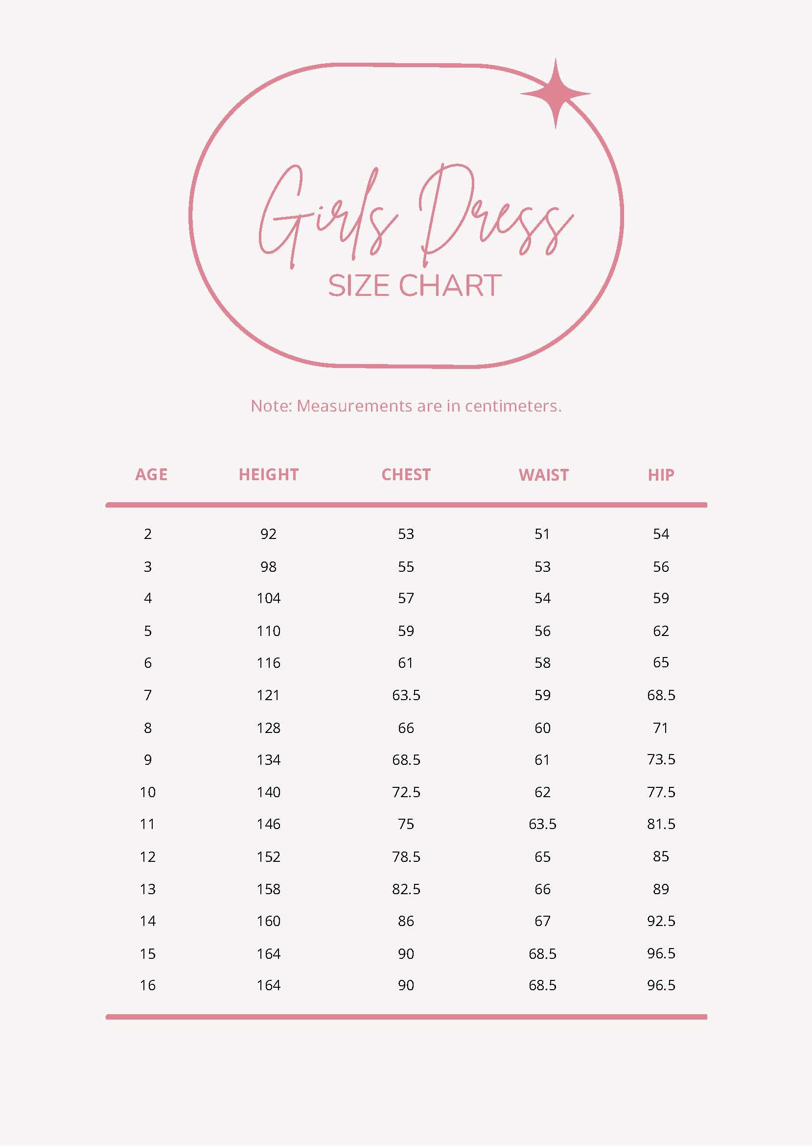 Girls Dress Size Chart in PDF