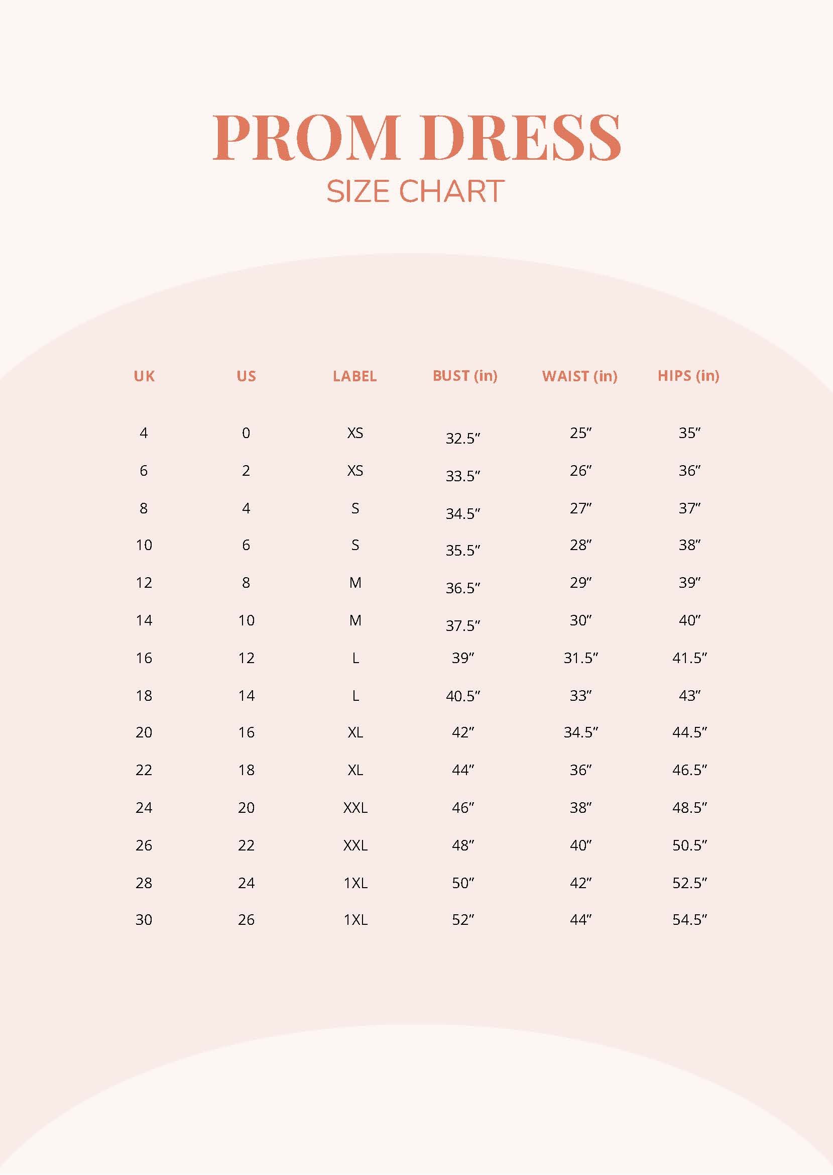 Prom Dress Size Chart in PDF