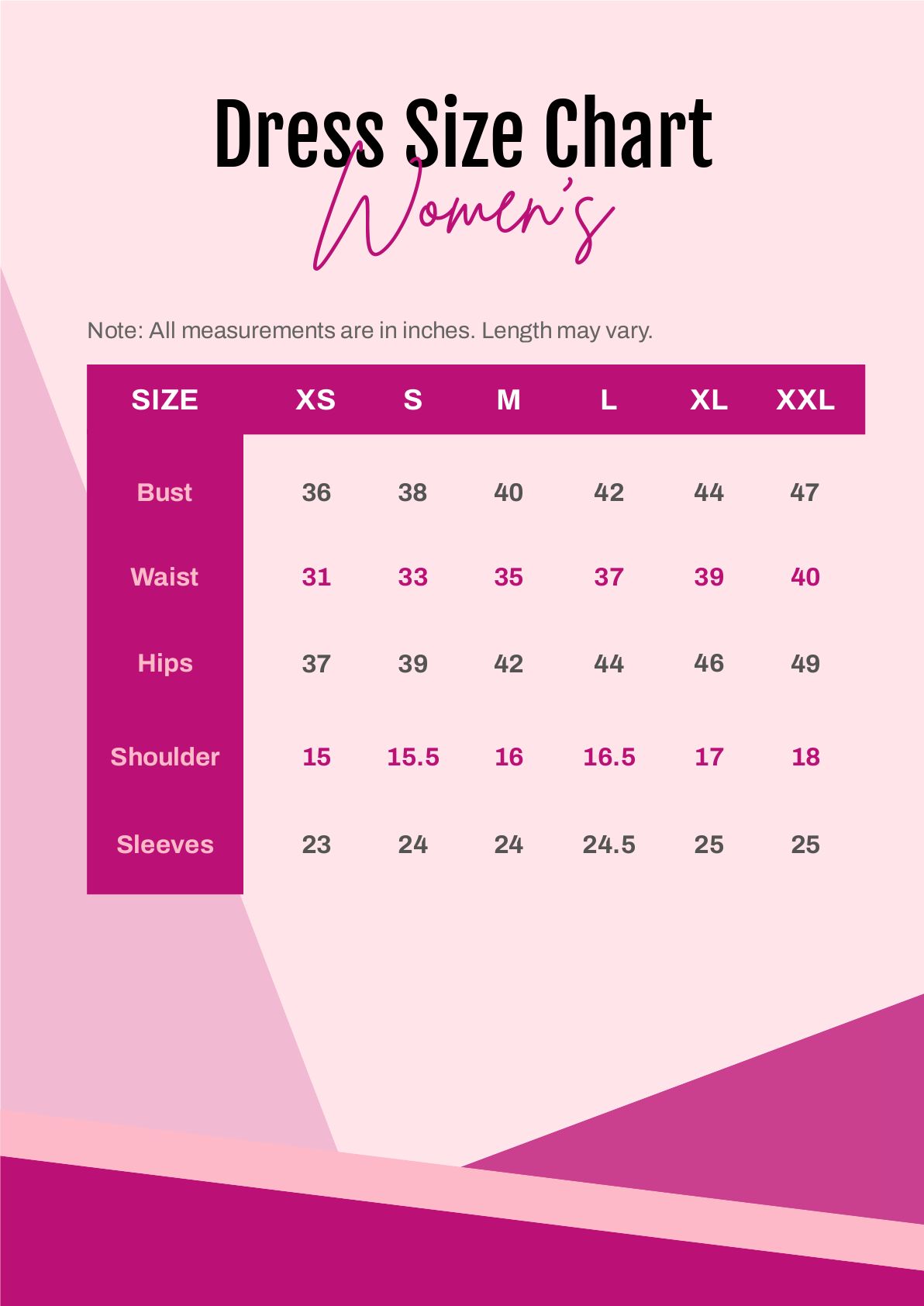 Dress Size Chart Women's in PDF - Download