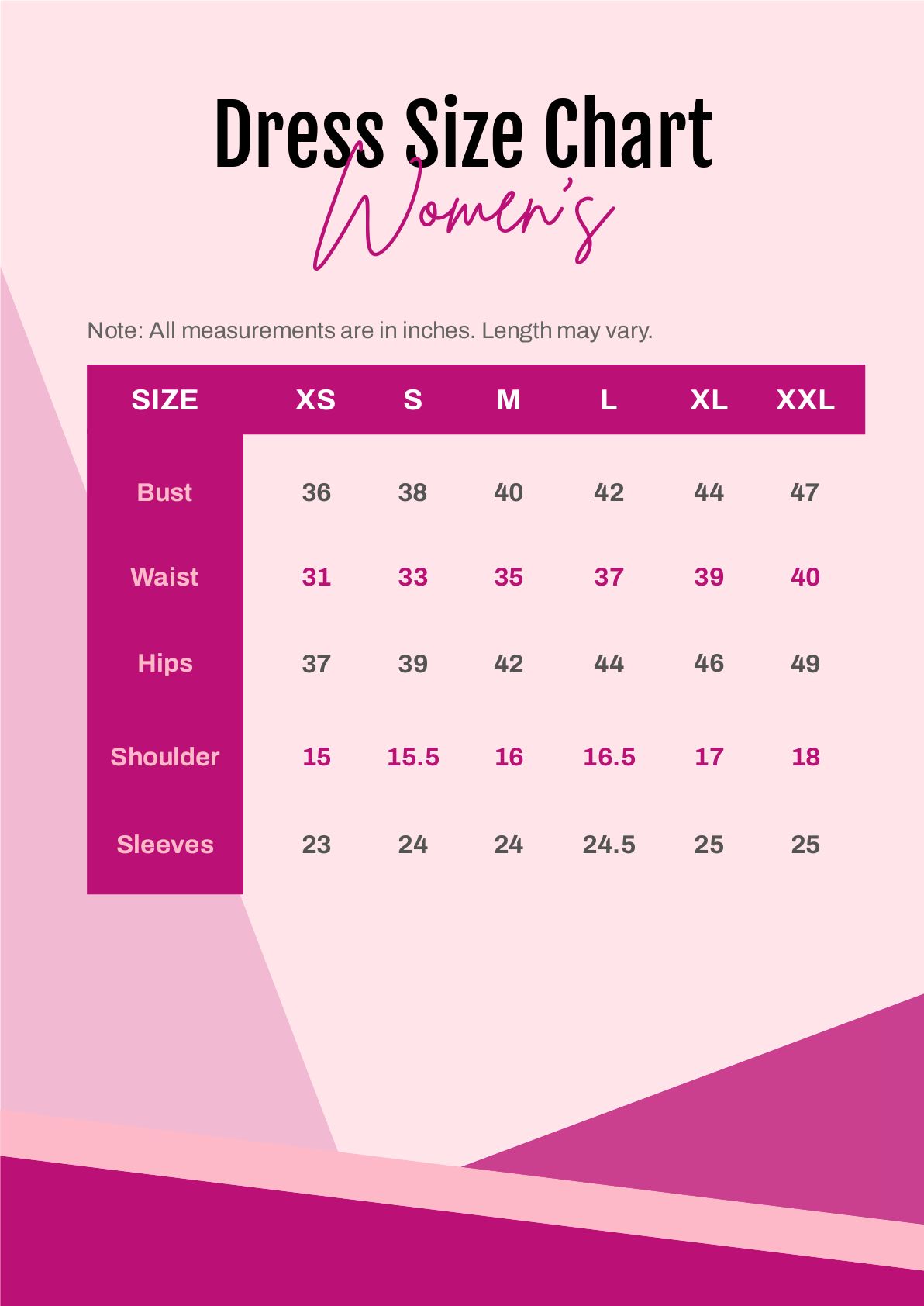Free Dress Size Chart Templates Editable And Printable