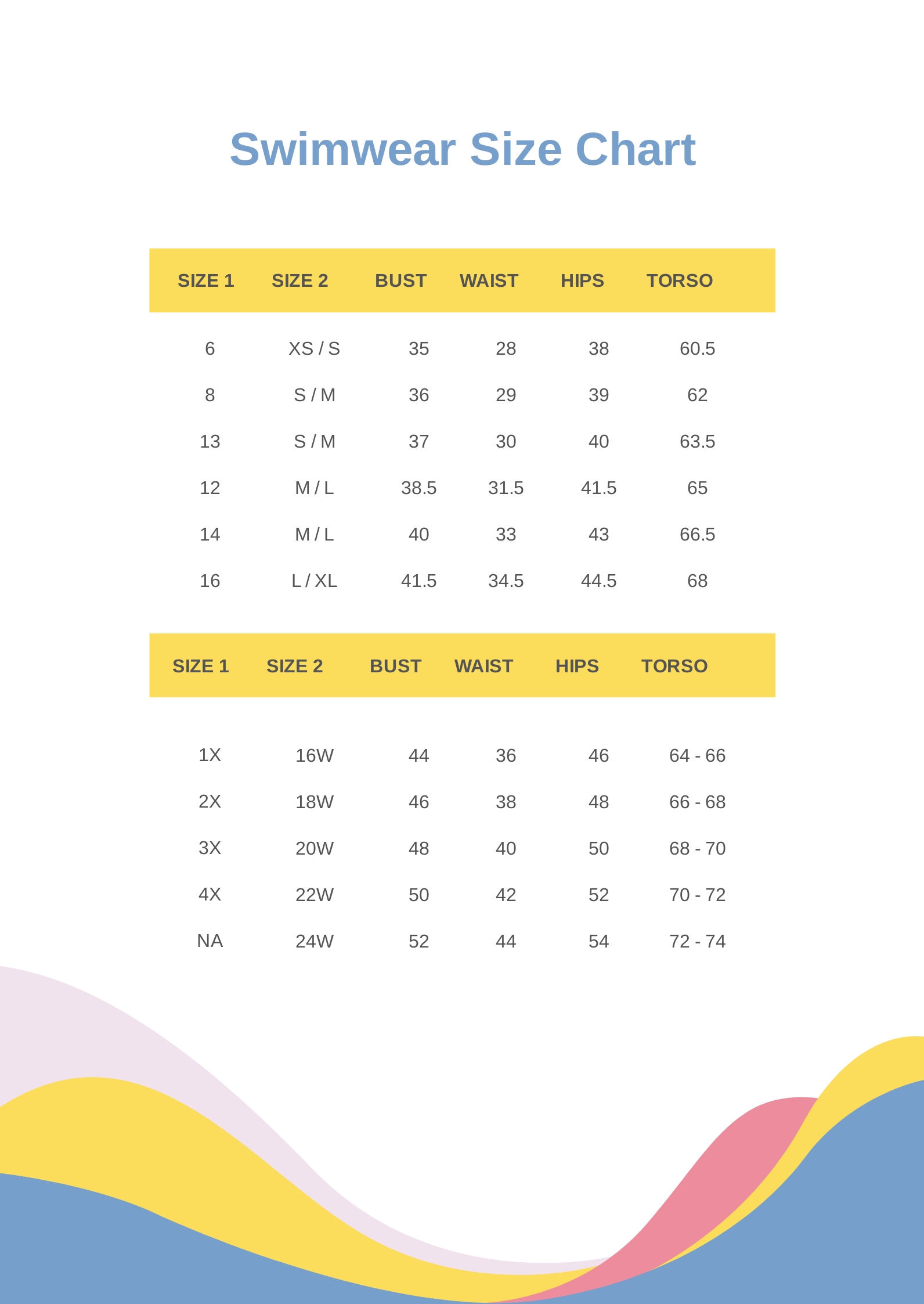 Swimwear Size Chart in PDF Download Template