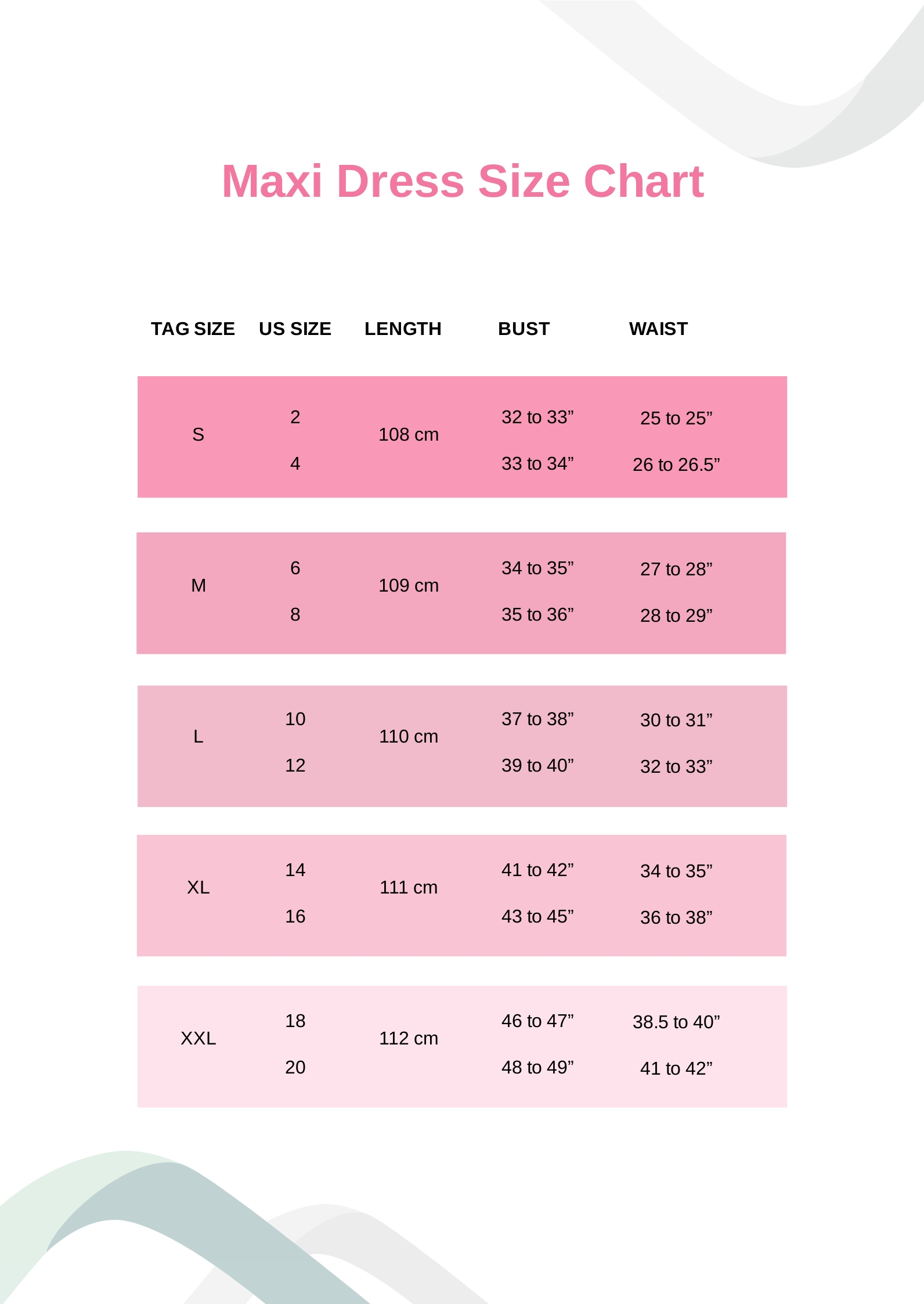 Maxi Dress Size Chart in PDF - Download | Template.net