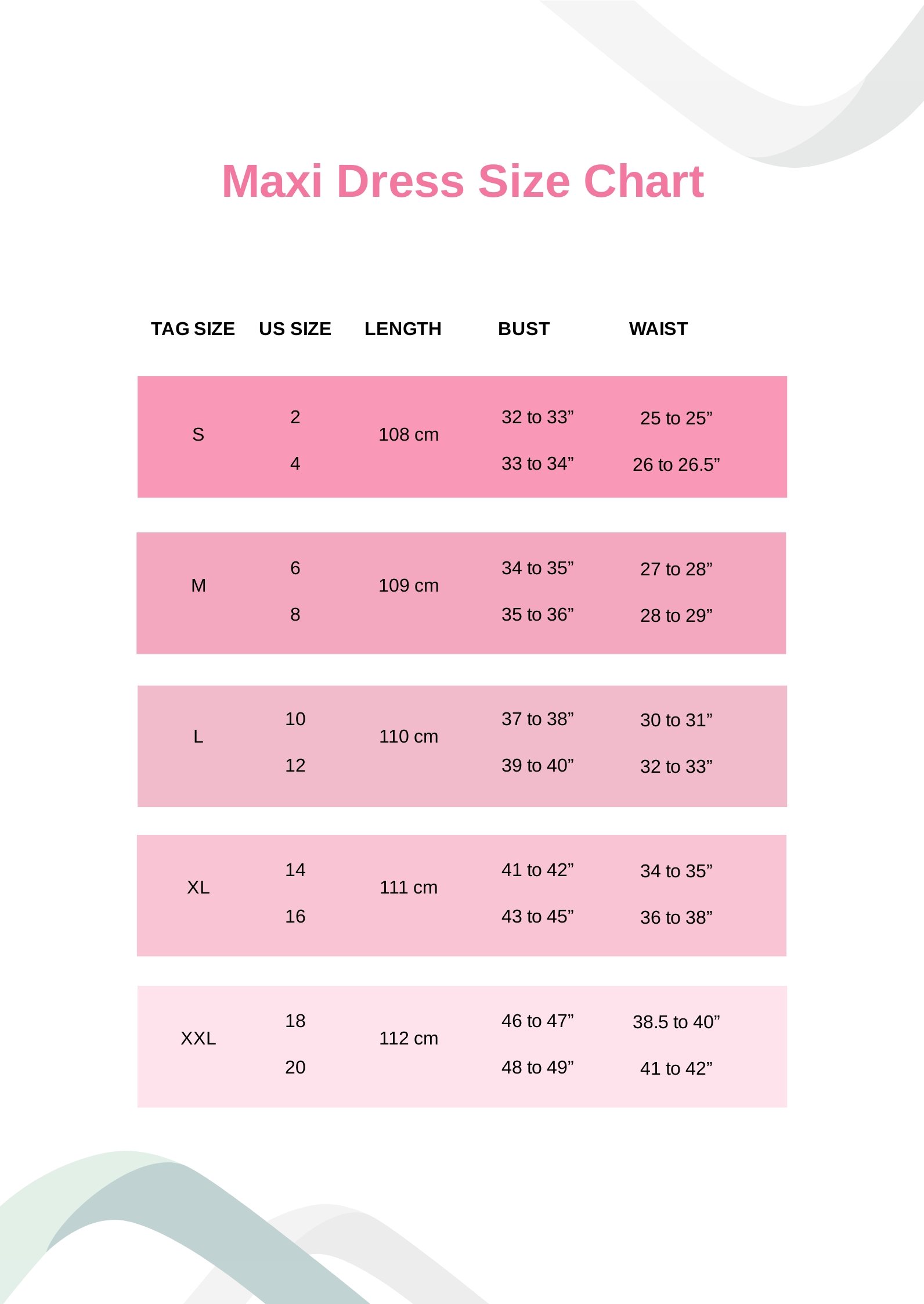 Maxi Dress Size Chart in PDF