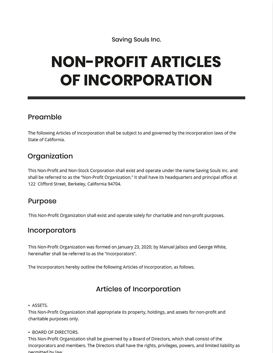 Articles of Incorporation for a non Profit Organisation Template