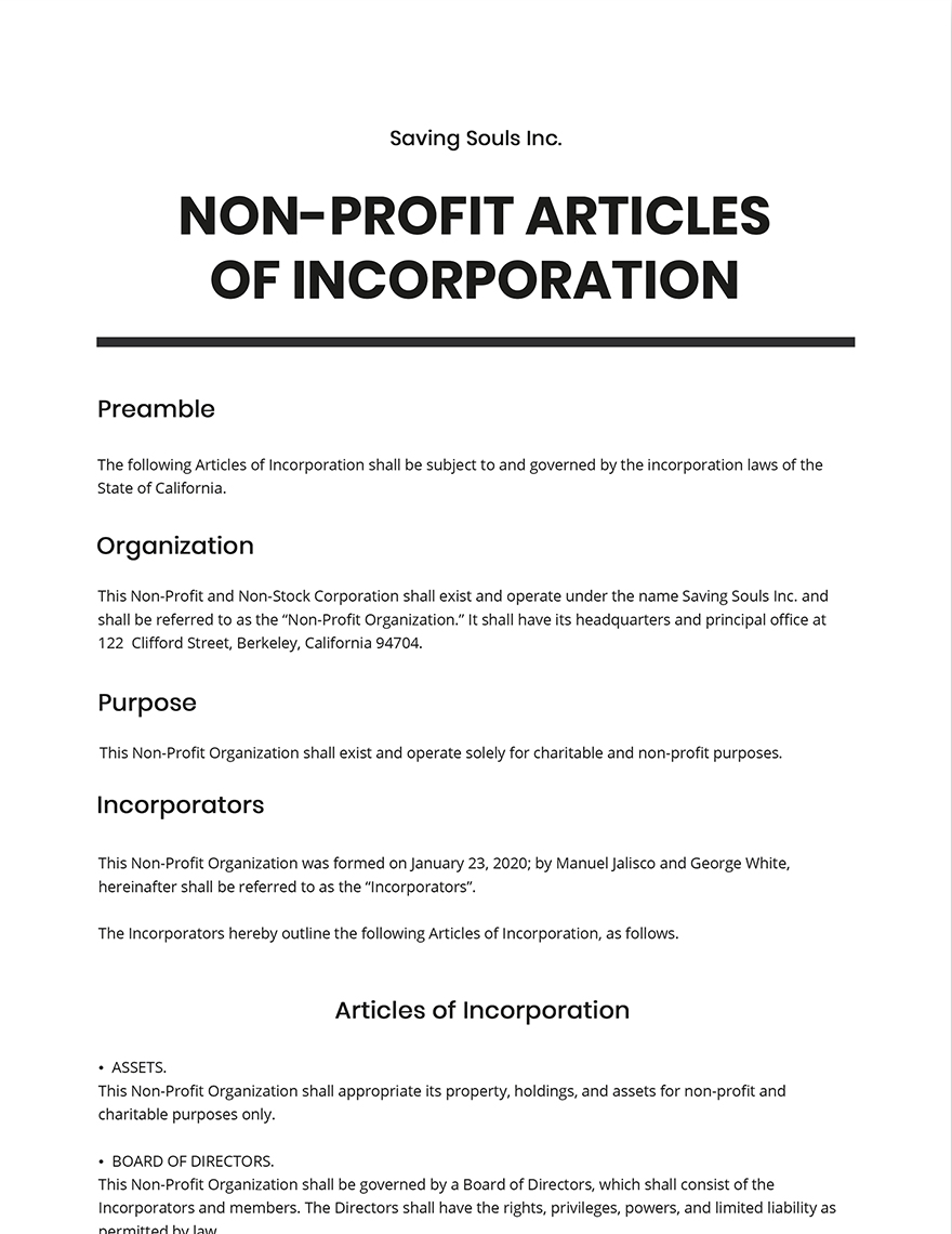 Sample Articles Of Incorporation Michigan Nonprofit