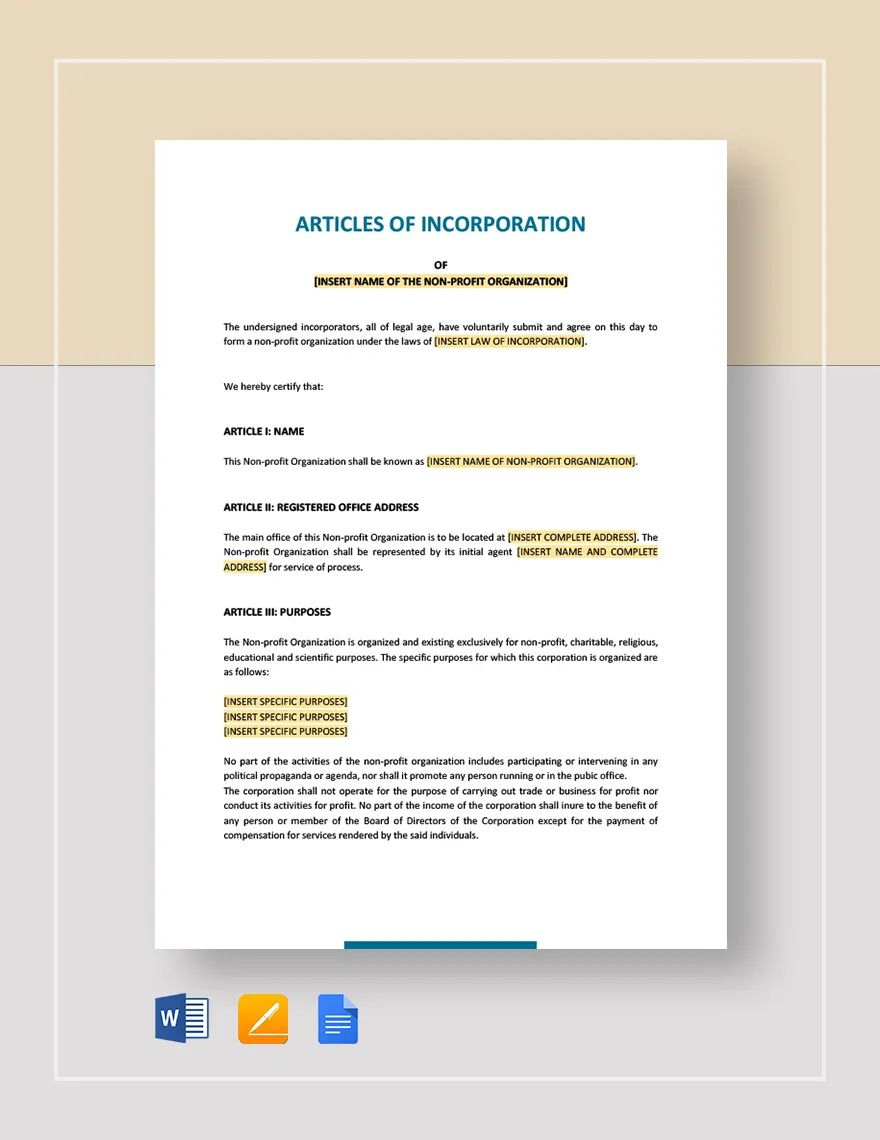 Articles of Incorporation for a non Profit Organisation Template in Word, Google Docs, Apple Pages