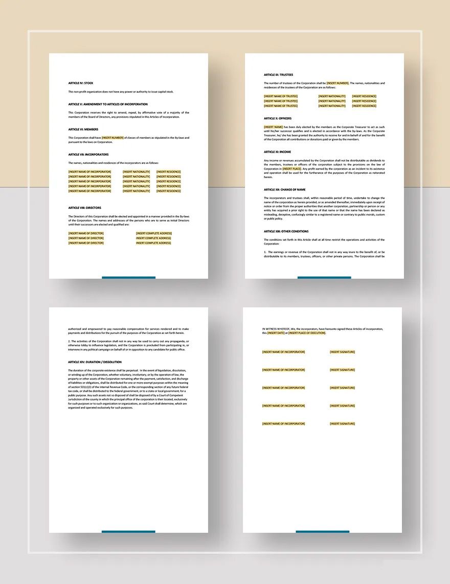Articles of Incorporation for a non Profit Organisation Template