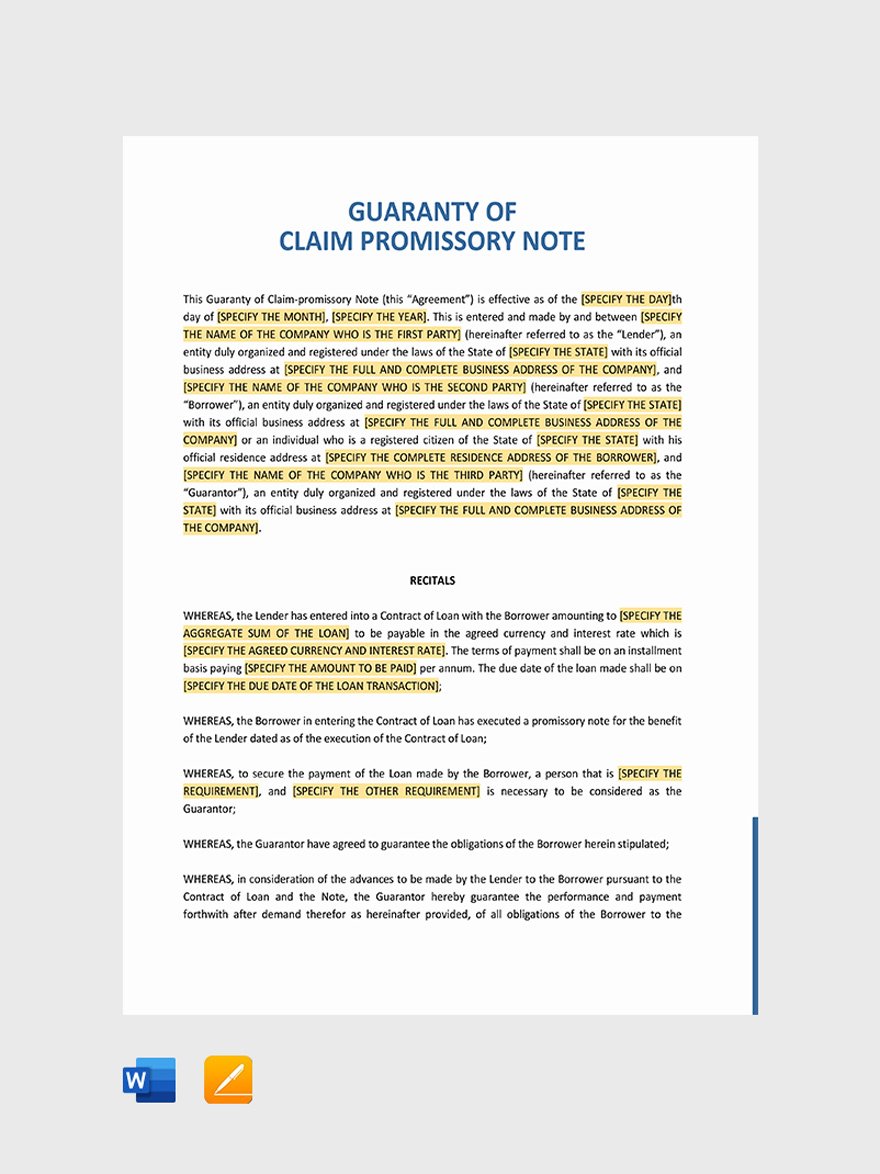 Free Guarantee of Claim Promissory Note Template