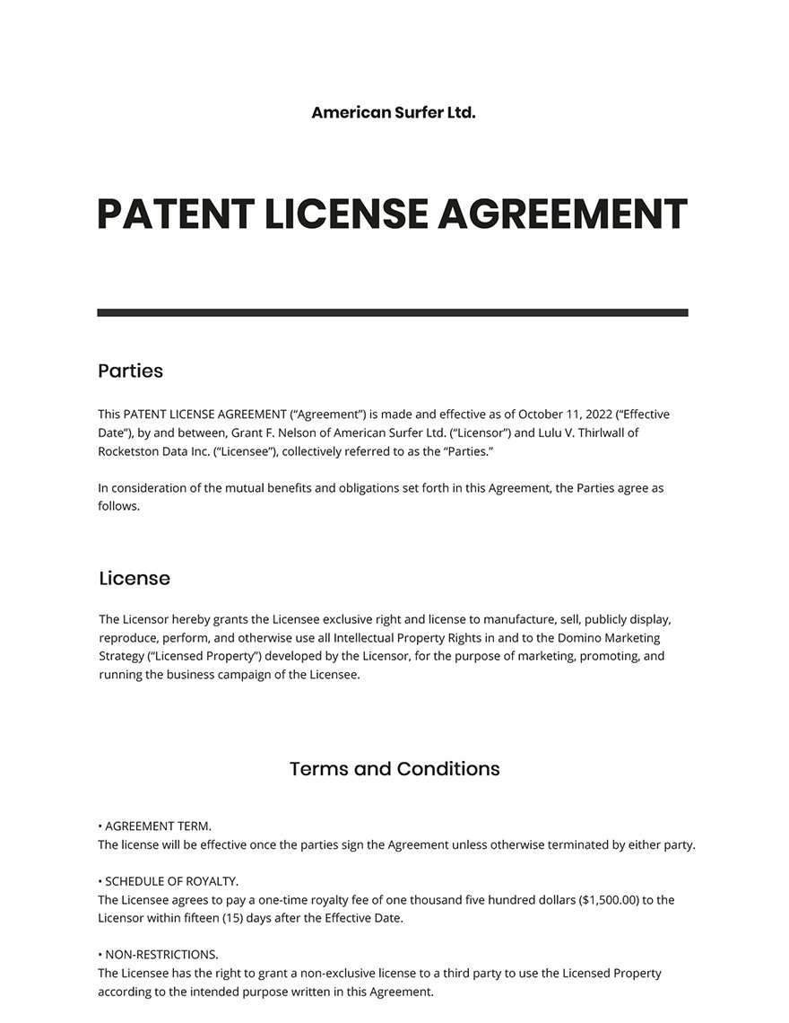 Patent License Agreement Template