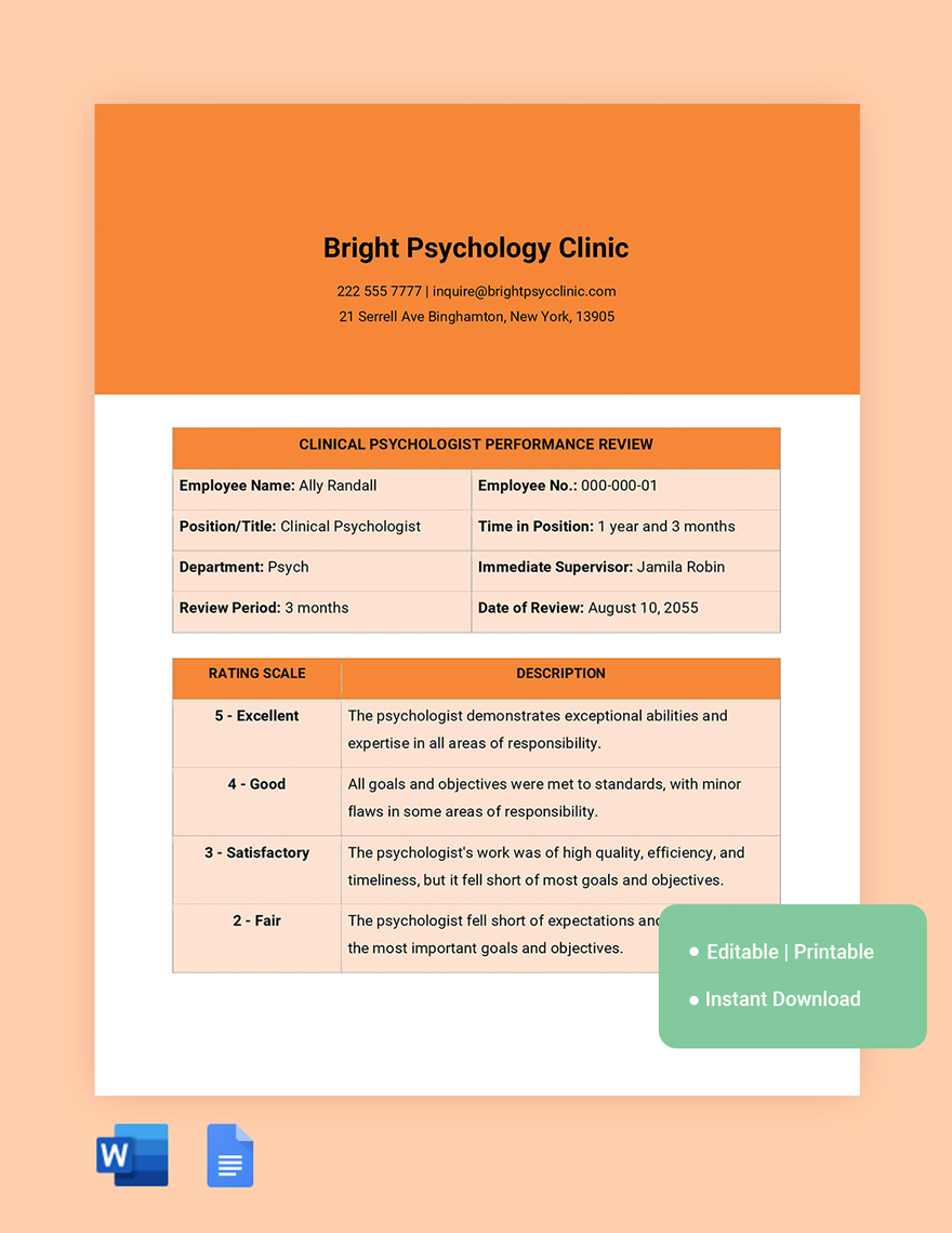 Clinical Psychologist Performance Review Template in Word, Google Docs