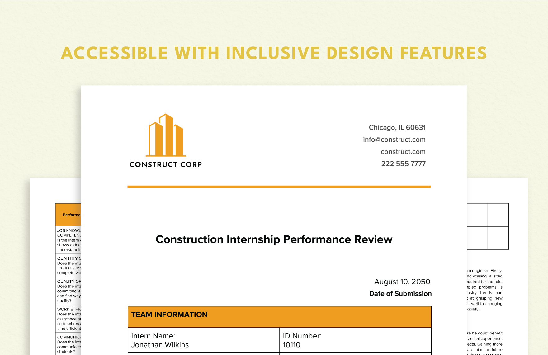 Construction Internship Performance Review Template