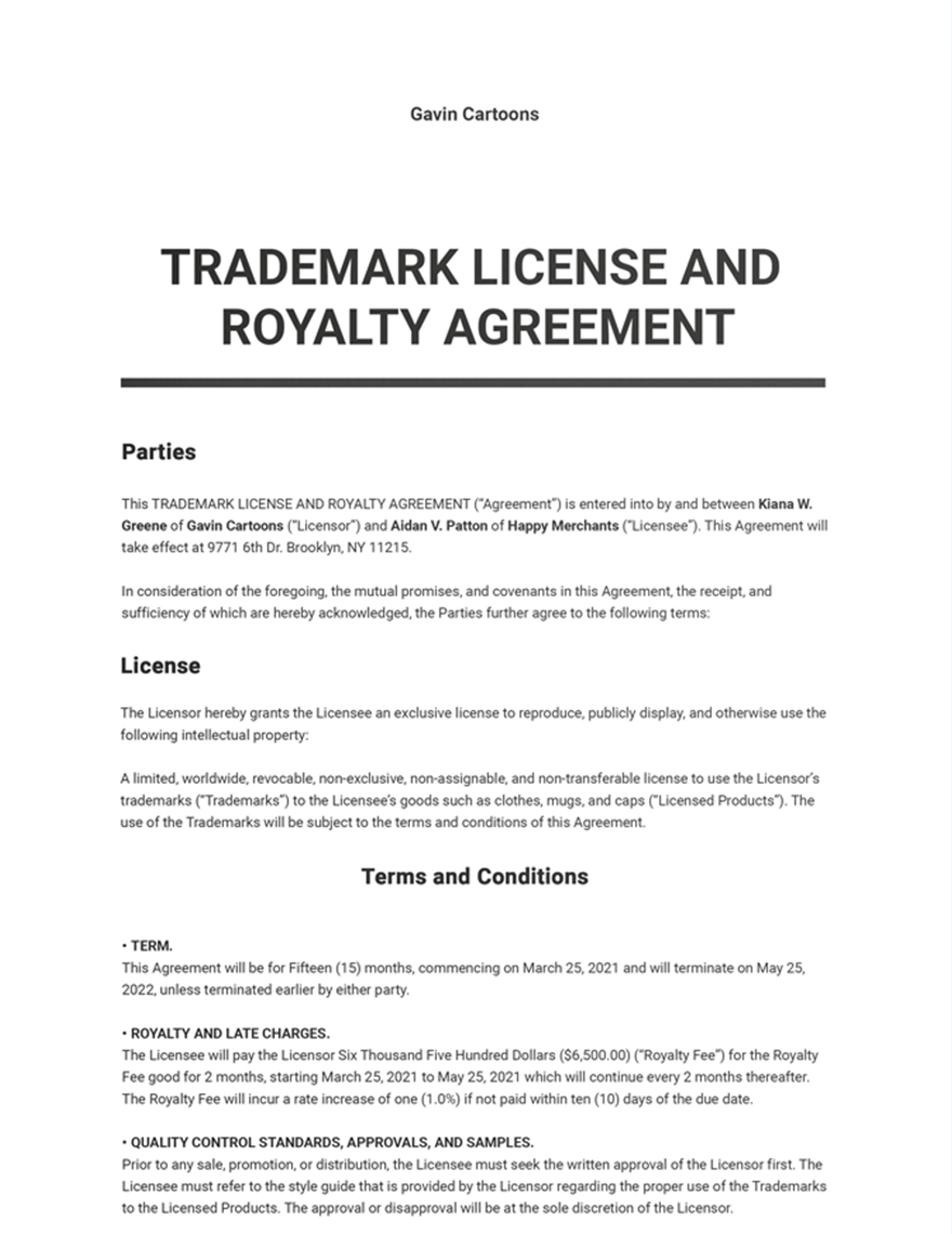 Trademark License and Royalty Agreement Template