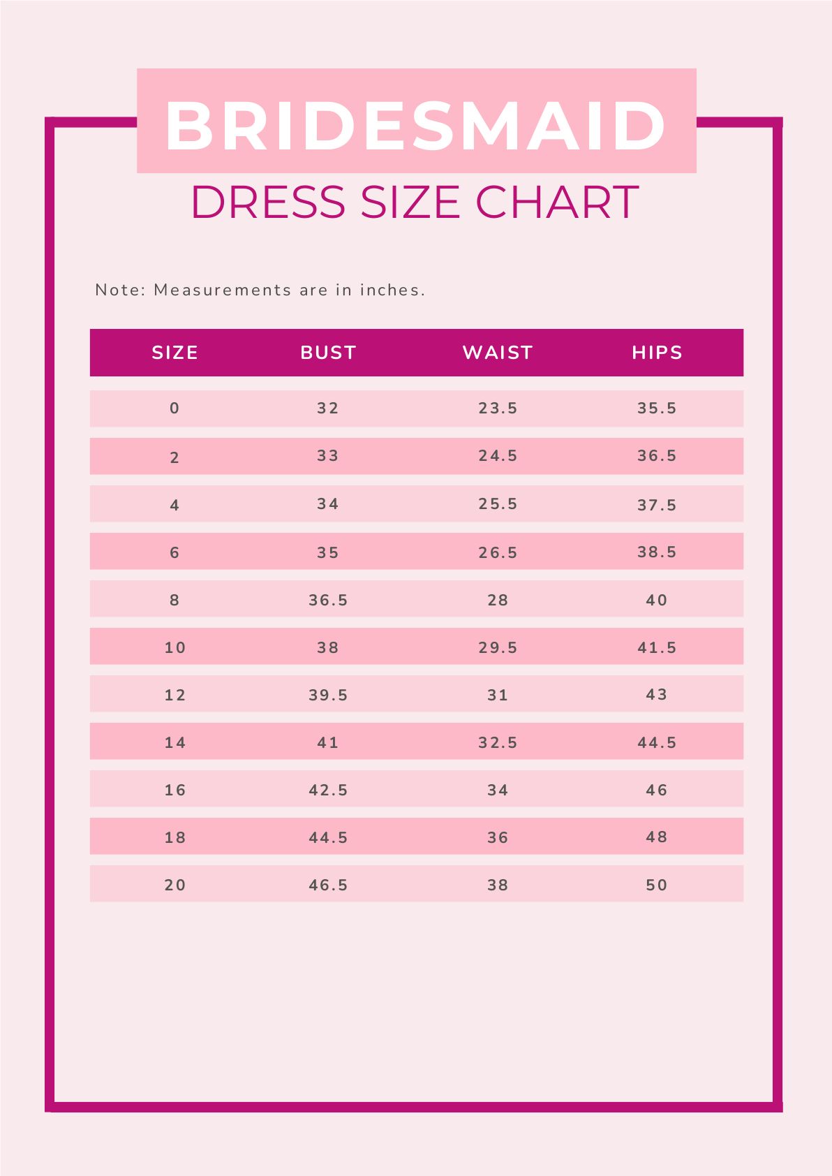 Rose Bridesmaid Size Chart