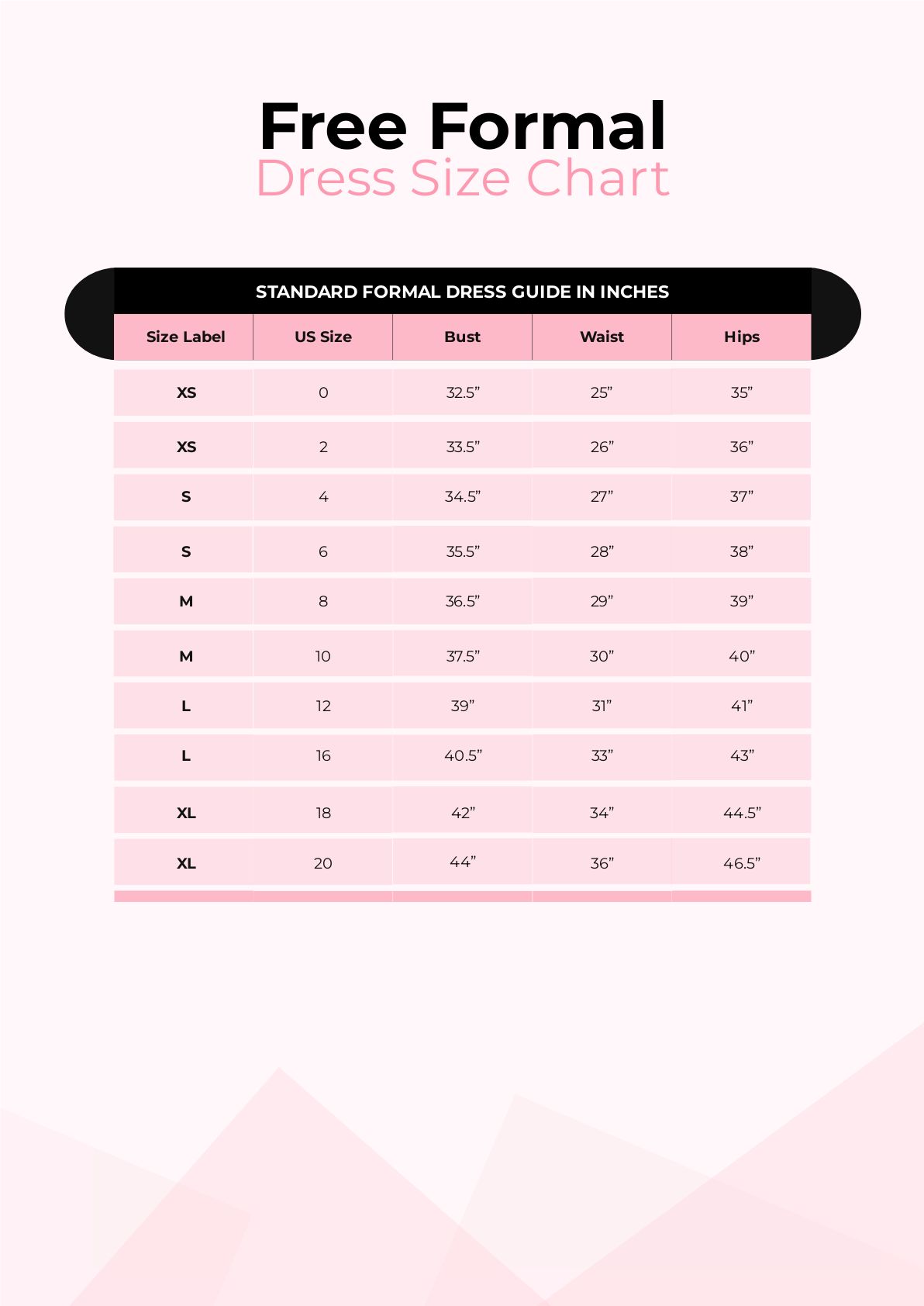 Free Formal Dress Size Chart Download in PDF